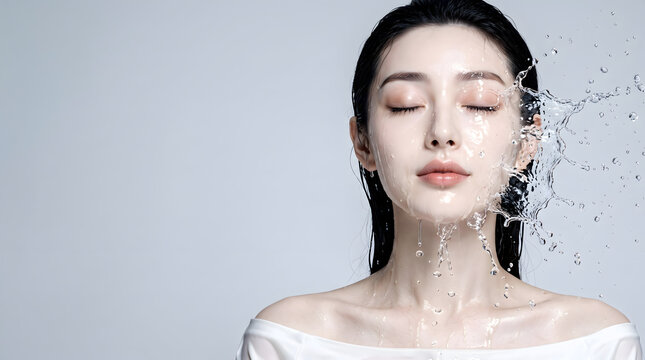 Beautiful Asian woman splashing fresh water on her face, clean glowing skin with closed eyes, studio portrait on grey background, skincare and beauty concept