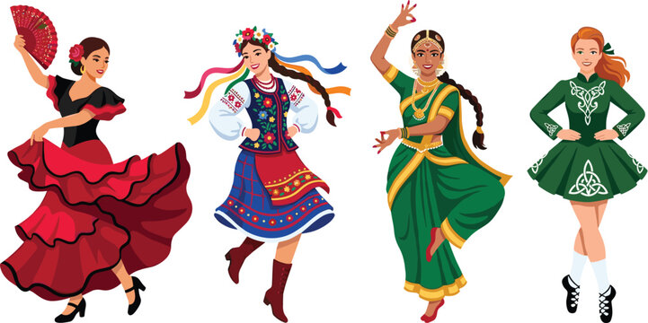 Traditional Folk Dance Women Vector Character Set with Flamenco Ukrainian Hopak Indian Bharatanatyam and Irish Step Dancer Costumes