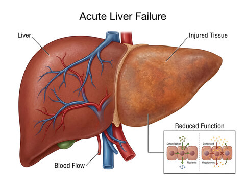 Acute liver failure illustration with injured tissue isolated on white background
