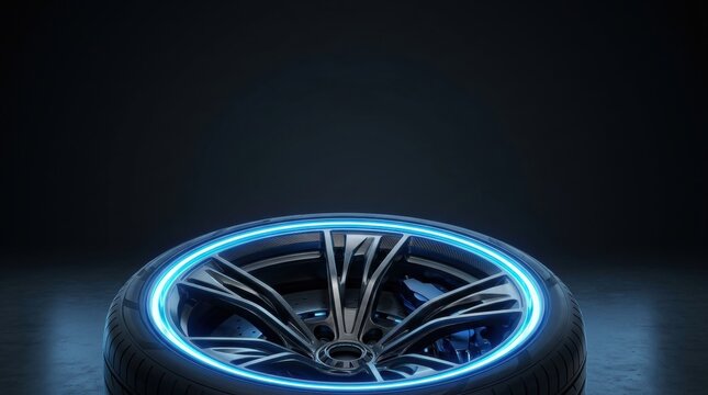 A futuristic car wheel with a glowing blue neon rim, set against a dark background, highlighting advanced automotive design and technology.