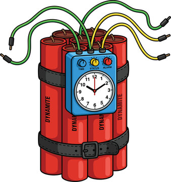 Cartoon style red dynamite bomb bundle with electrical wires and blue ticking clock countdown timer
