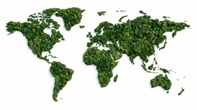 conceptual world map formed entirely from dense clusters of lush green treetops and miniature forest canopies, each continent clearly recognizable and accurately proportioned, natural variations