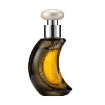 Crescent shaped perfume bottle with gold liquid fragrance bottle luxury perfume scent bottle cosmetic bottle perfume design crescent shape fragrance packaging beauty as transparent PNG