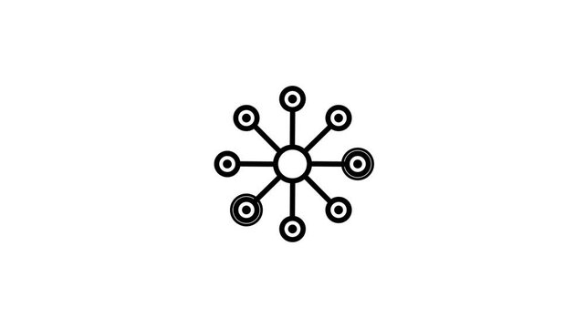 A stylized black line a central circle with eight radiating lines, each ending in a smaller circle, representing a network, connection, or hub structure on a white background