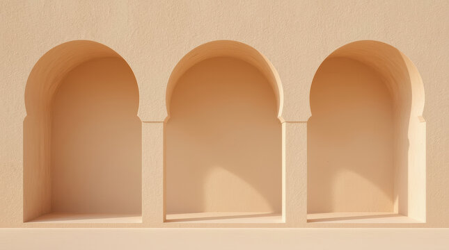 Minimal arch niche, national heritage style with warm light and shadow