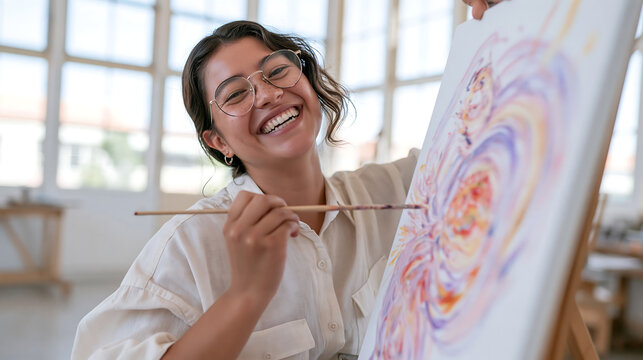 happy female artist smiling while painting colorful artwork on canvas in a bright creative art studio