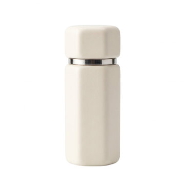 Minimalist hexagonal white ceramic cosmetic bottle with silver collar white container skincare packaging minimalist design beauty product cosmetic supply luxury cosmetics as isolated element