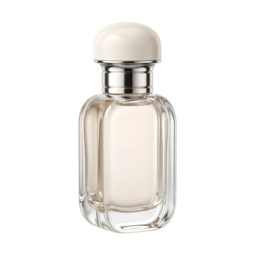 Clear glass cosmetic bottle with rounded white cap and pale yellow liquid as transparent cutout