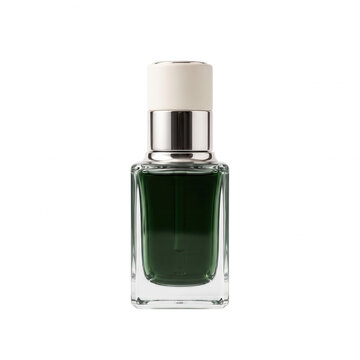 Square glass perfume bottle with green fragrance liquid and white cap cosmetic packaging beauty product photography personal care fragrance perfumery as transparent object