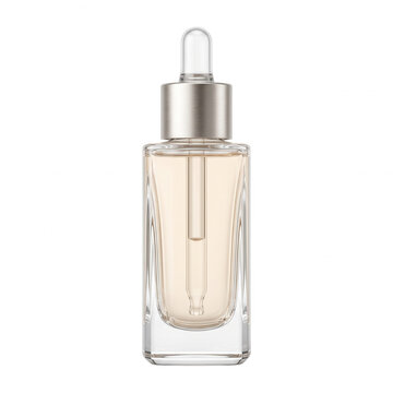 Clear glass serum dropper bottle with metallic silver cap face serum skin care cosmetic packaging essential oil beauty product beauty supply glass container as transparent object