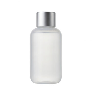 Clear plastic cosmetic bottle with silver cap beauty product skin care skincare product beauty routine cosmetic packaging face care beauty supply skin treatment as PNG cutout