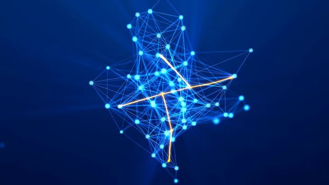Glowing cyan network nodes and connecting lines shift around bright orange paths, forming a changing geometric web against deep blue background with radiant points and layered depth