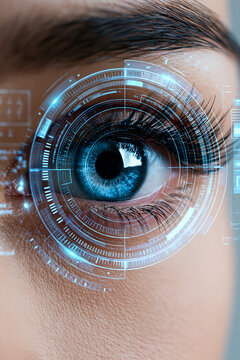 computer vision concept, digital eye scanning objects with glowing data overlay, premium 3D render