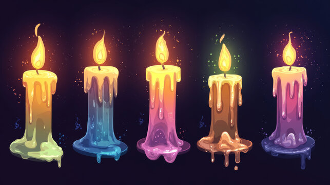 Cartoon burning candles in candlestick motion sequence animation, sprite movement, glowing lights with melted wax. Ui or gui design elements for computer game, isolated vector illustration, icons set