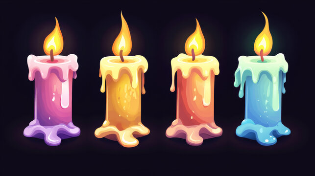 Cartoon burning candles in candlestick motion sequence animation, sprite movement, glowing lights with melted wax. Ui or gui design elements for computer game, isolated vector illustration, icons set