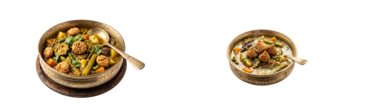 Bengali Shukto (bitter mixed vegetable stew) with Bori in a traditional brass bowl, pure