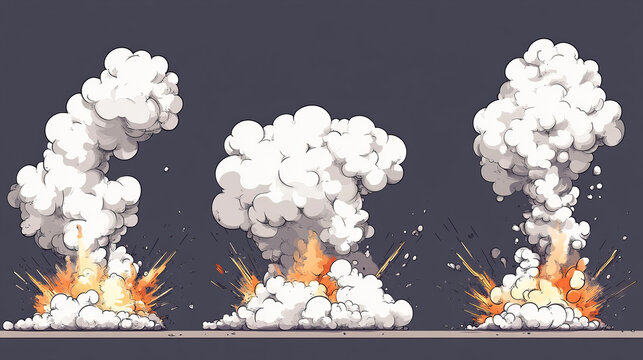Smoke explode animation sprite sheet. Cartoon clouds, steam vfx explosion animated shot, sequence frame. Puff effect movement storyboard motion, flash boom isolated elements, Vector illustration set.