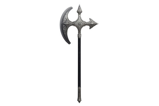 Ornate fantasy double bladed battle axe with long dark handle