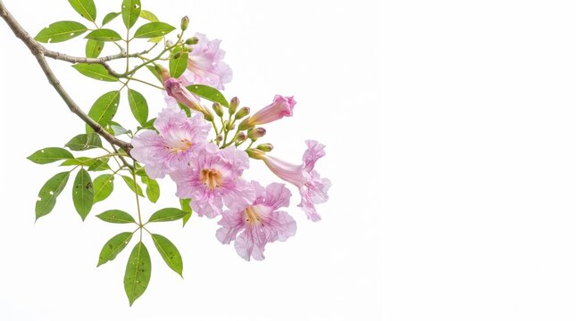 Beautiful Pink Trumpet Tree Flowers Blooming on Branch Isolated on White Background with Copy Space