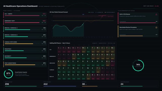 Explore an advanced AI healthcare operations dashboard showcasing patient demand forecasts and staffing recommendations in a sleek dark mode interface with vibrant accents.