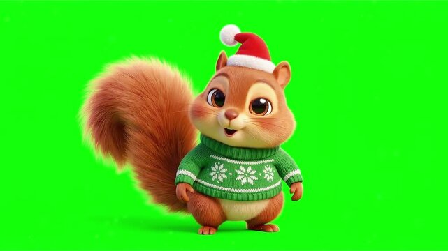 Animated 3d squirrel wearing a festive green sweater and a red hat on a green background with celebration