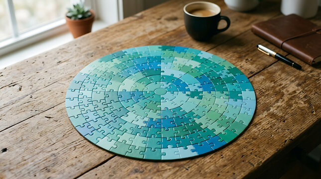 Circular gradient puzzle completed on a rustic wooden desk