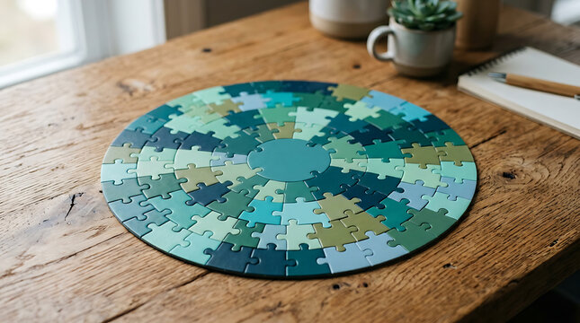 Circular gradient puzzle assembled on a rustic wooden table