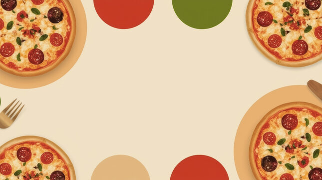 Modern pizza party template with colorful pizzas and abstract circles on beige background