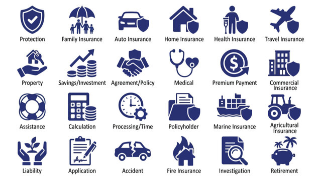 Set of insurance and financial service icons including protection, property, investment, medical, and retirement concepts