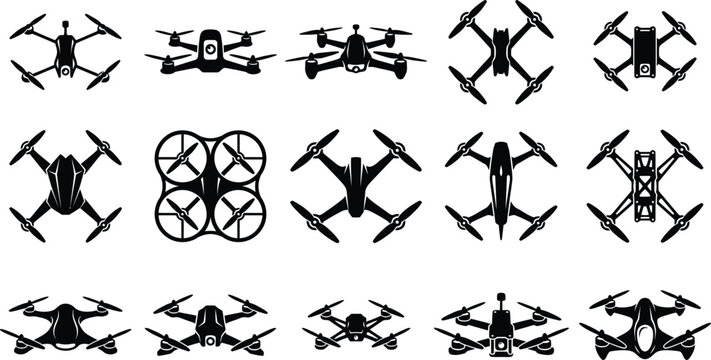 Collection of various drone and quadcopter silhouettes isolated on a white background for technology and aviation design