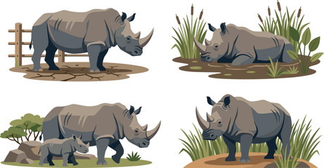  African Rhinoceros Wildlife Set Featuring Adult Rhinos Calf Mud Bath and Savanna Habitat Elements for Safari Nature Conservation Vector Illustration Designs © jahirul