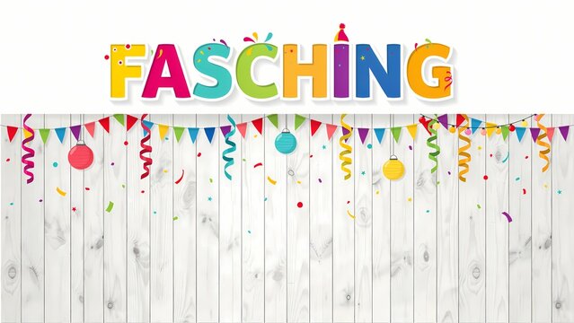Colorful fasching carnival text with party buntings and streamers on a rustic wooden background
