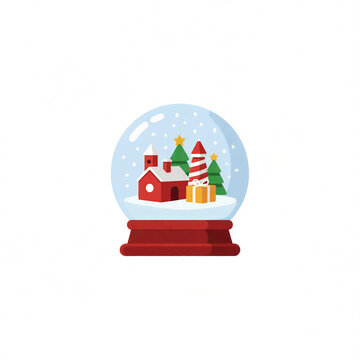 Christmas snow globe with house and gift box flat illustration