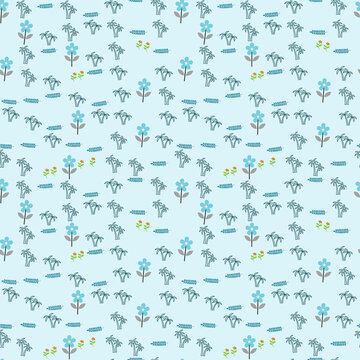 Stylized palm trees and flowers seamless pattern