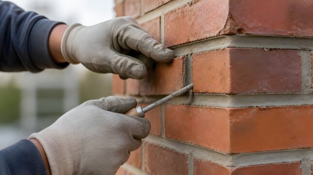 Bricklayer pointing mortar joints in red wall with metal trowel
