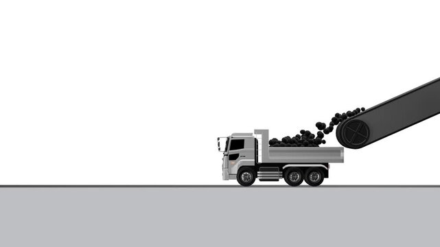 Dump Truck Loading, Driving and Unloading Seamless Loop Animation, Side View on White Background