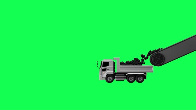 Dump Truck Loading, Driving and Unloading Seamless Loop Animation, Side View on Green Screen