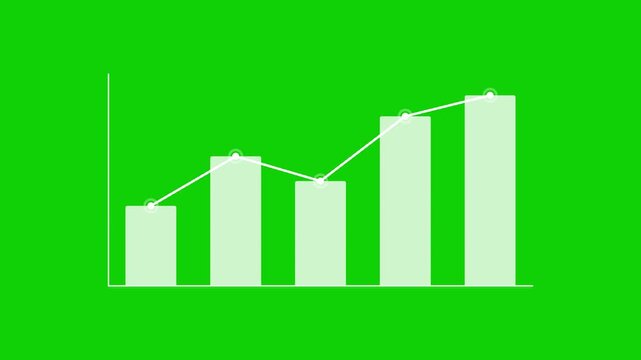 Financial bar chart with rising line graph on green screen, animated business growth data visualization, white statistical infographic for video editing