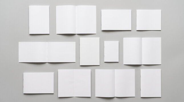 Blank zines and booklets mockups on grey background, top view brochure, catalog, magazine and pamphlet templates