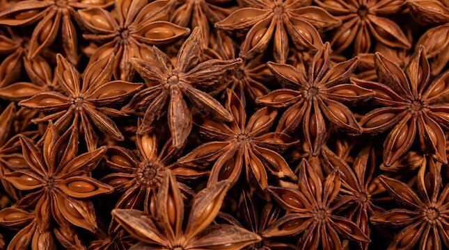 Dried star anise spice pods arranged in a dense organic pattern background