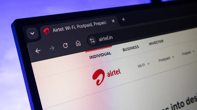 Airtel telecommunications services website homepage displayed on computer monitor screen.