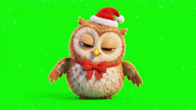Cute cartoon owl wearing a santa hat and red bow standing against a bright green screen background