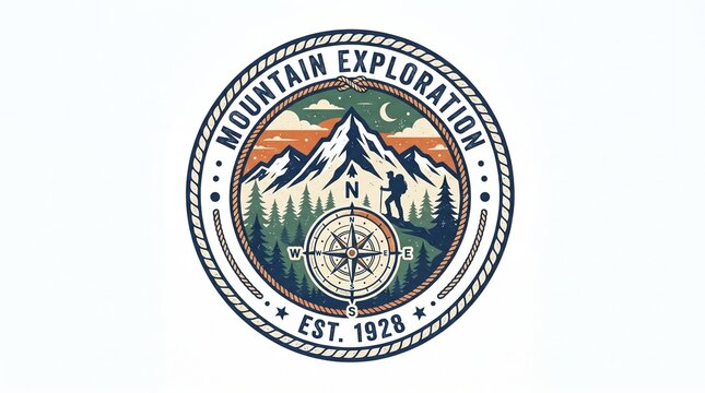 Vintage circular badge with compass, snow mountain peak and hiker silhouette logo for mountain exploration, hiking club, trekking guide, camping adventure, outdoor expedition and wilderness travel bra