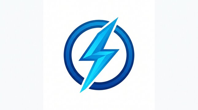 Blue 3D lightning bolt in circle logo for electric energy, power, fast charging, electricity, technology, gaming, speed and bold energy branding