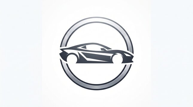 Silver circle with sleek black sports car silhouette logo for automotive brand, car dealership, racing, luxury auto repair, garage and vehicle service branding