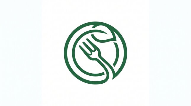Green fork with leaf and plate circle logo for organic food, healthy restaurant, vegan cafe, natural farm, eco kitchen and fresh diet branding