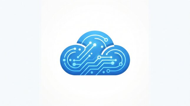 Blue cloud with circuit board logo for cloud computing, technology, data network, digital storage, software system and modern tech company branding