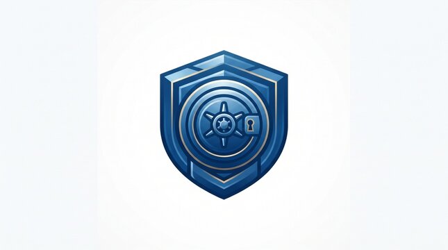 Blue shield with bank vault safe logo for security protection, finance investment, insurance safety, data privacy and trusted corporate branding