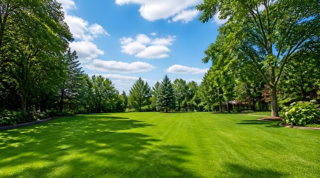 Lush Green Lawn in a Sunny Park with Tall Trees and Blue Sky