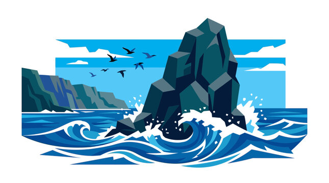 Stylized Ocean Seascape with Jagged Rock Formation